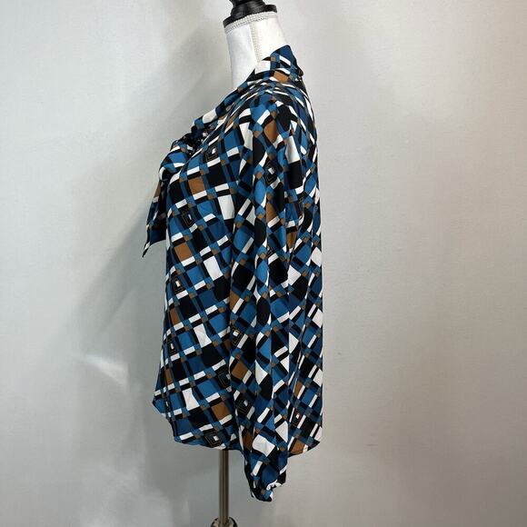Nine West Blouse Tunic size Medium Blue Brown Bow Neck Tie Career Modest Church - Picture 6 of 8
